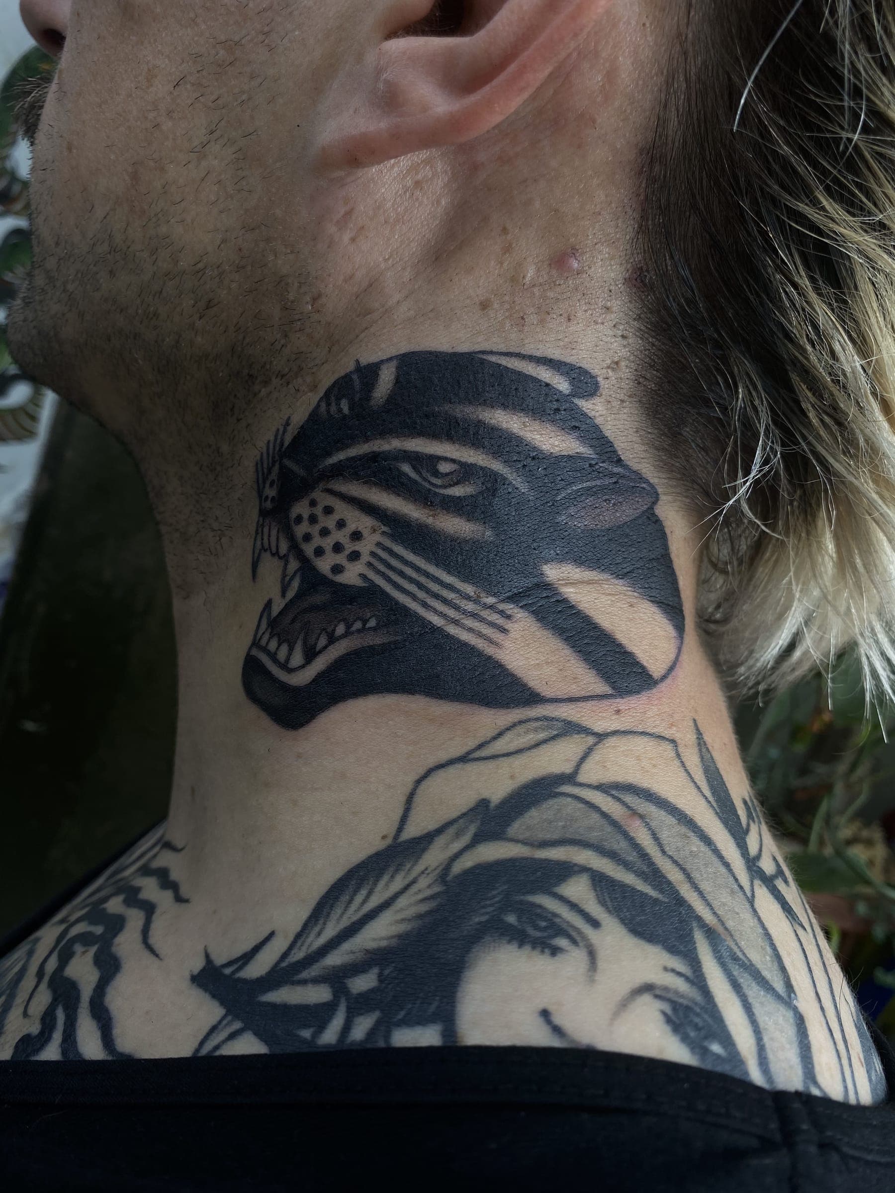 Snarling traditional black panther head tattoo on the side of above a lady head piece