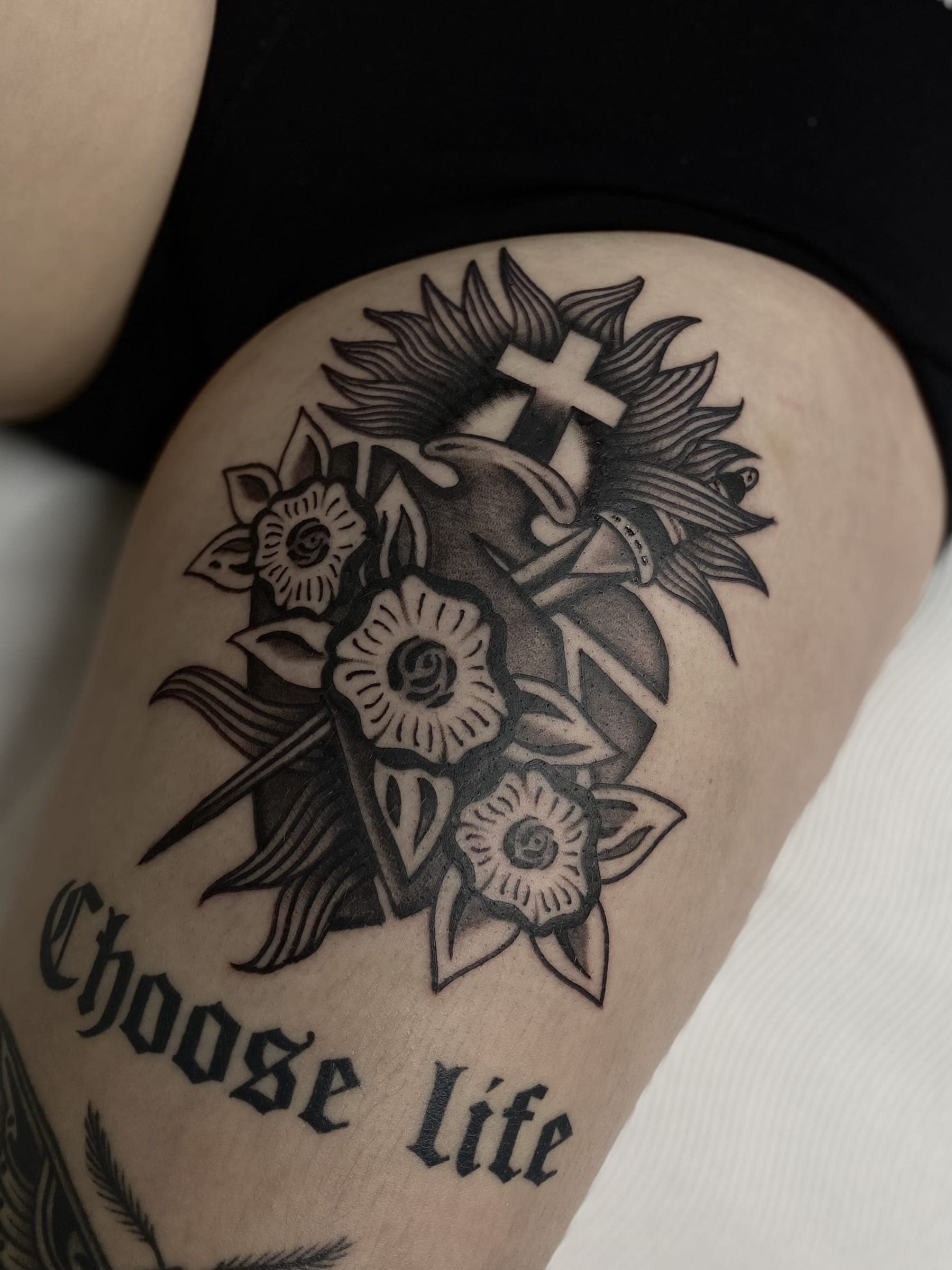 Black sacred heart tattoo with cross, roses and Choose Life banner