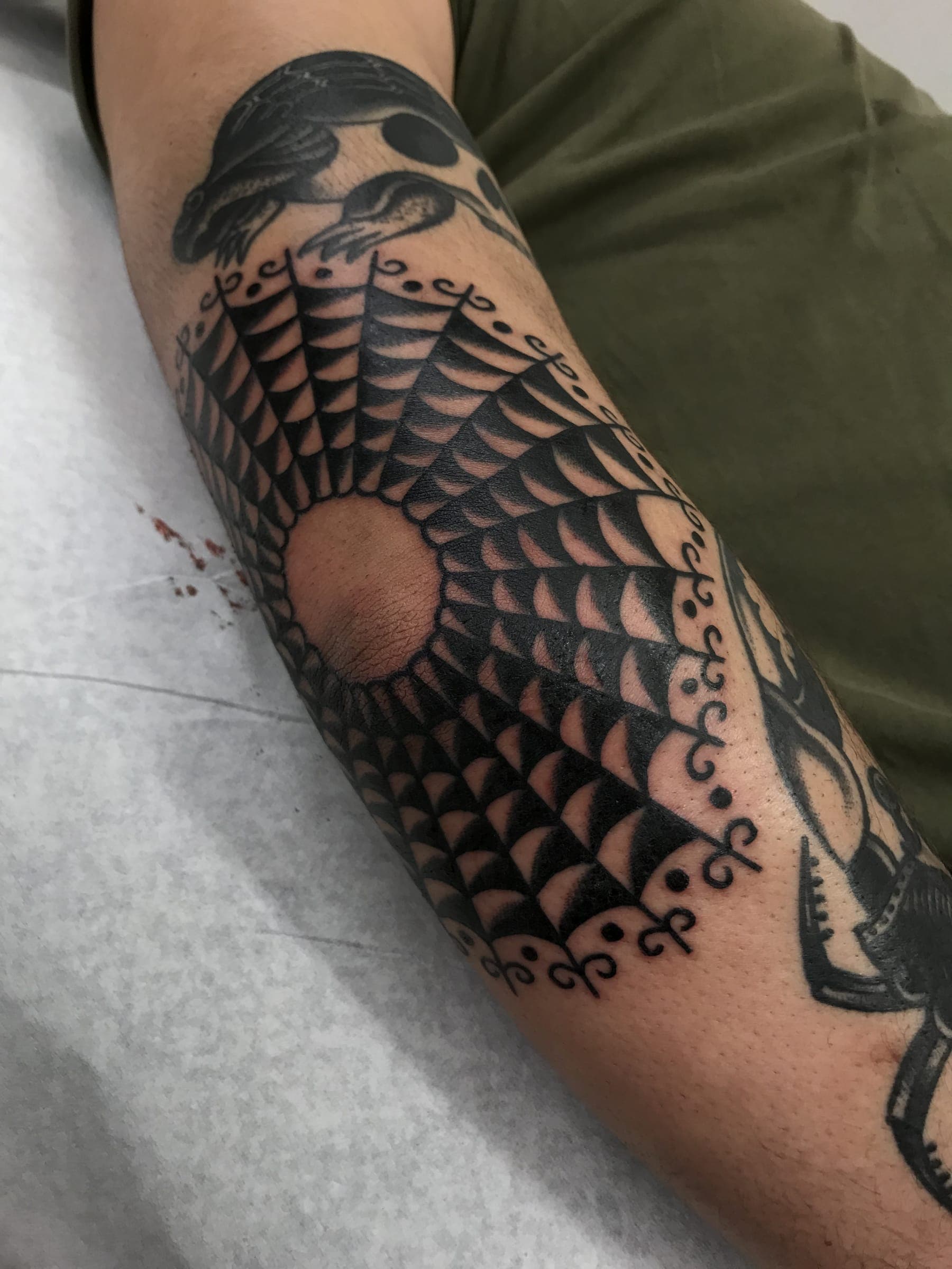 Shaded traditional spiderweb centred on the point of the elbow with a scrollwork border and eagle above