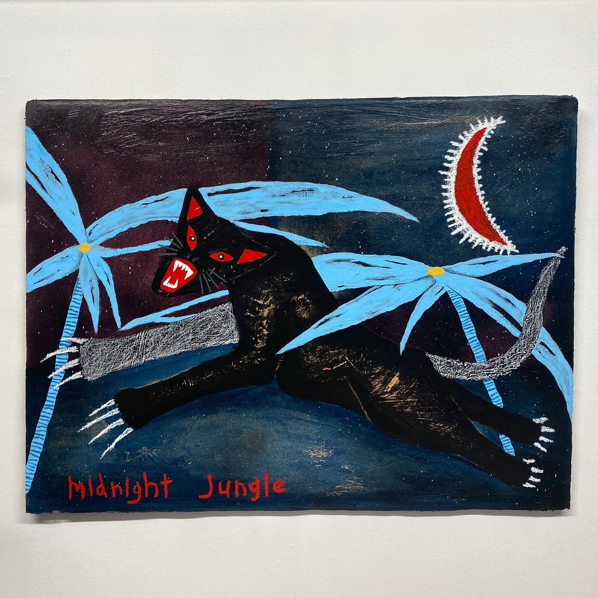 Painted canvas titled Midnight Jungle showing a black panther under a red crescent moon