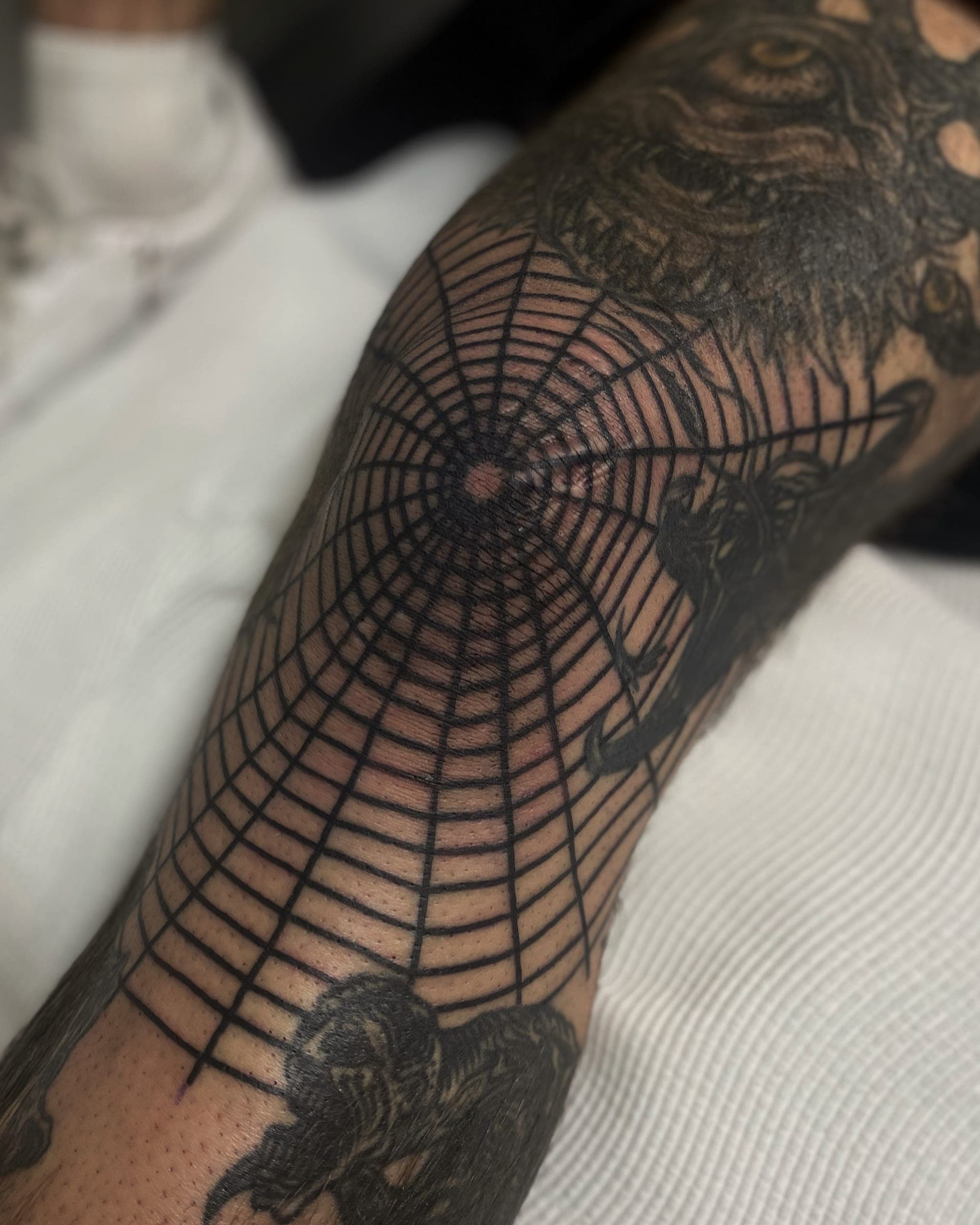 Large radiating black spiderweb centred with figural blackwork above and below