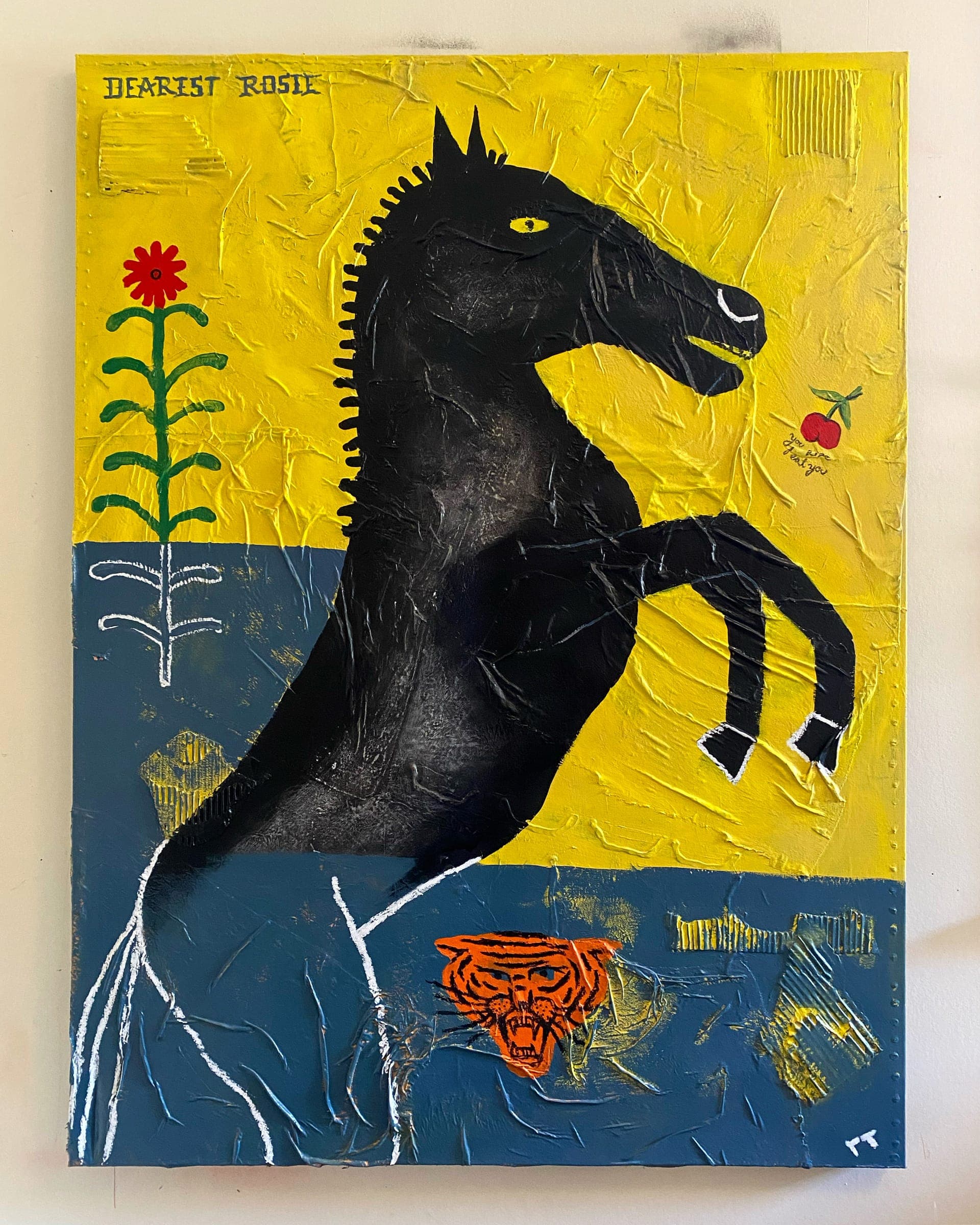 Painted canvas titled Dearest Rosie showing a rearing black horse with a small red tiger head