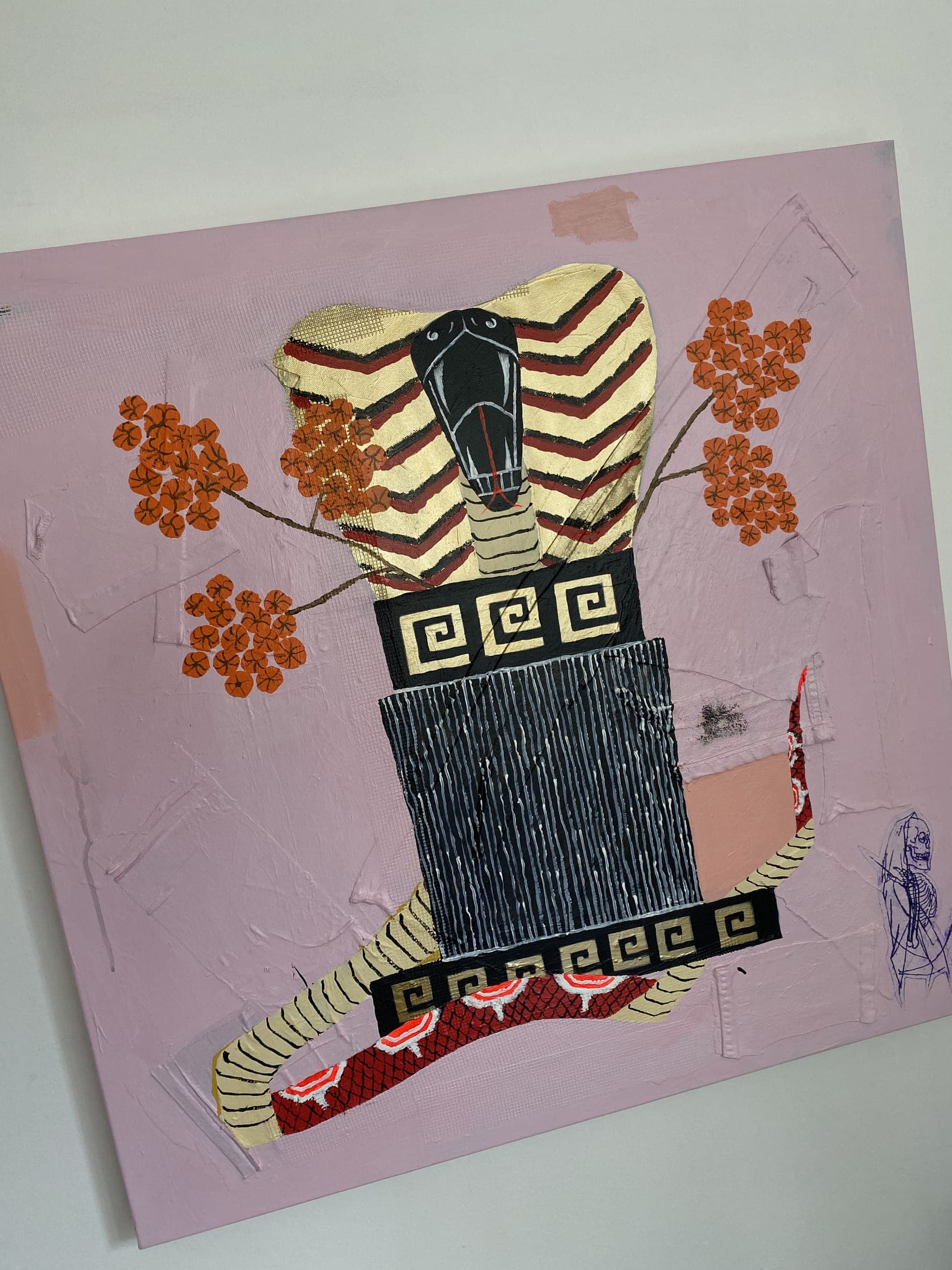 Pink mixed-media painting of a cobra above a black and gold Greek-style vase