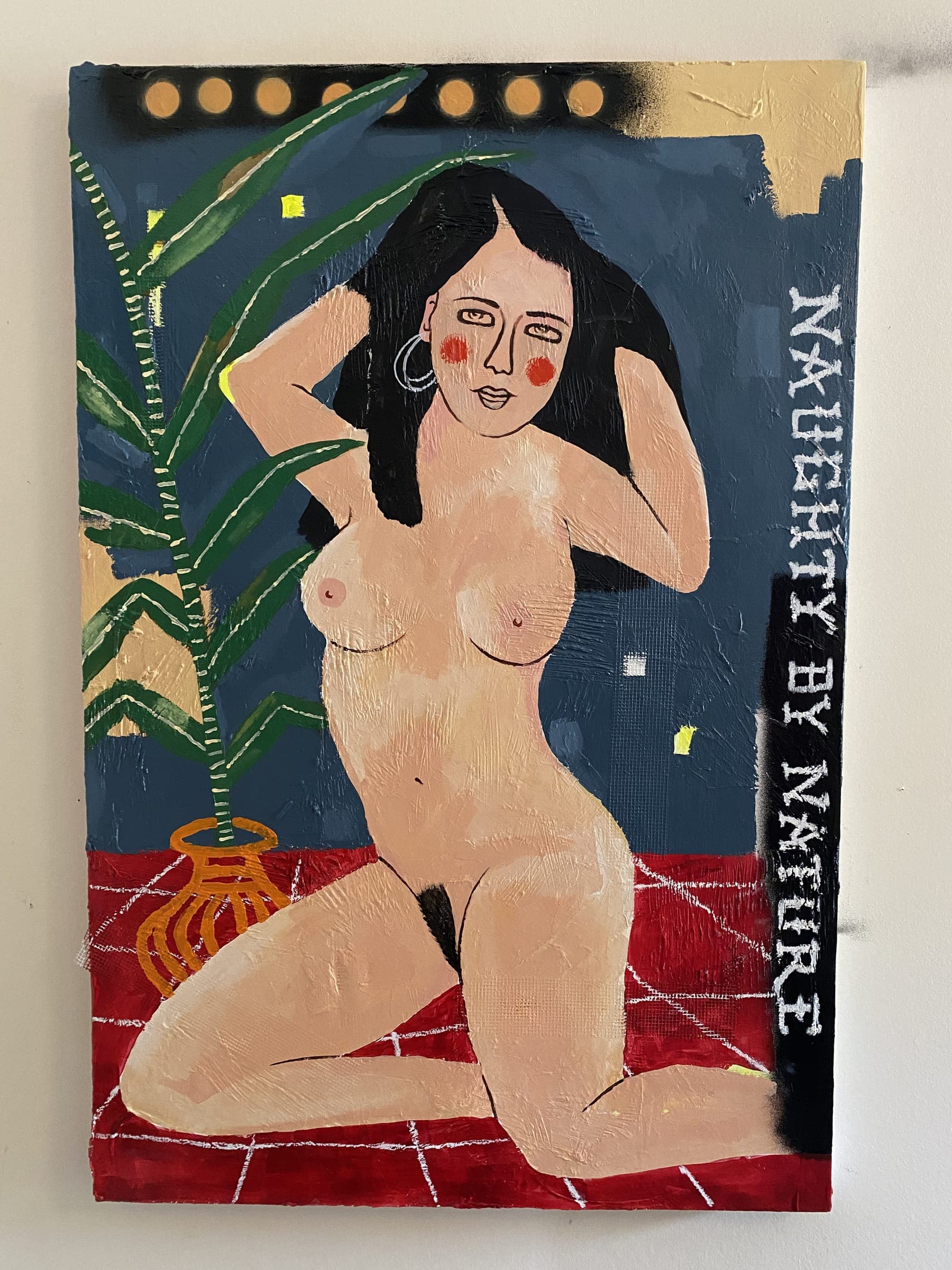 Folk-style painting of a kneeling nude woman with a plant and lettering reading Naughty by Nature