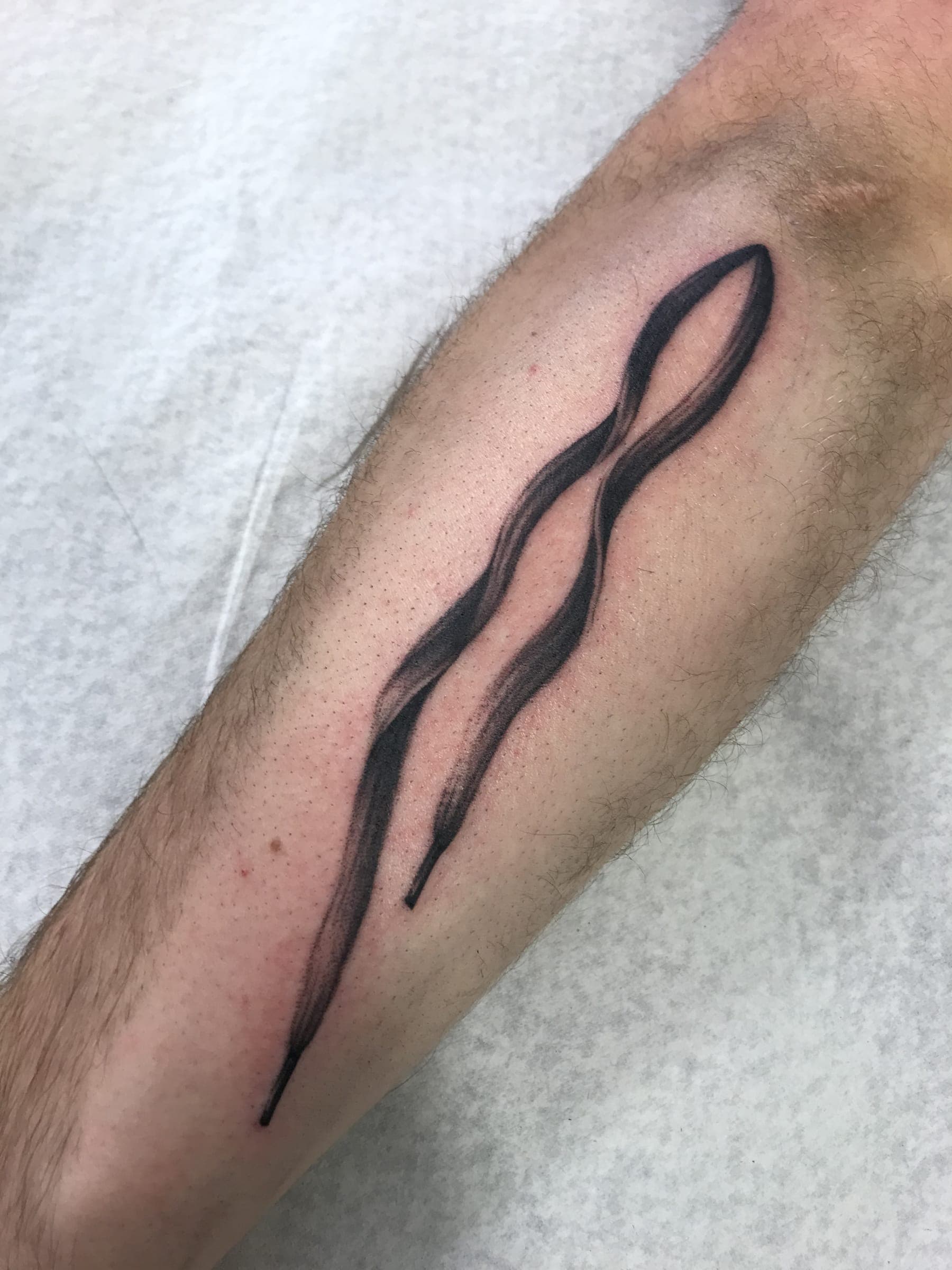 Two abstract tapered brushstrokes with a soft black gradient running down the forearm
